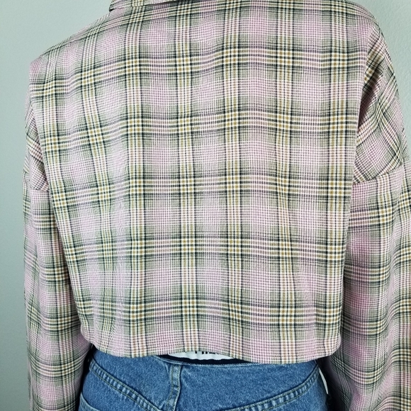 Collusion Pink Academia Plaid 90s Y2K Zip Up Cropped Shirt Size 8 NWOT - Picture 4 of 7